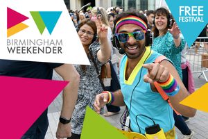 Birmingham Weekender artwork with different colourful triangles and image of a silent disco tour led by a man in sunglasses and a bright blue outfit.
