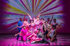 Hairspray Production photo. The company of Hairspray are all grouped together in the centre of the stage, smiling with their arms out. The atmosphere is joyful.