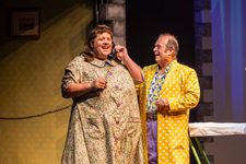 Hairspray Production photo. Edna and Wilbur Turnblad are stood next to each other and smiling. Edna is on the phone and there is an ironing board visible in the background.