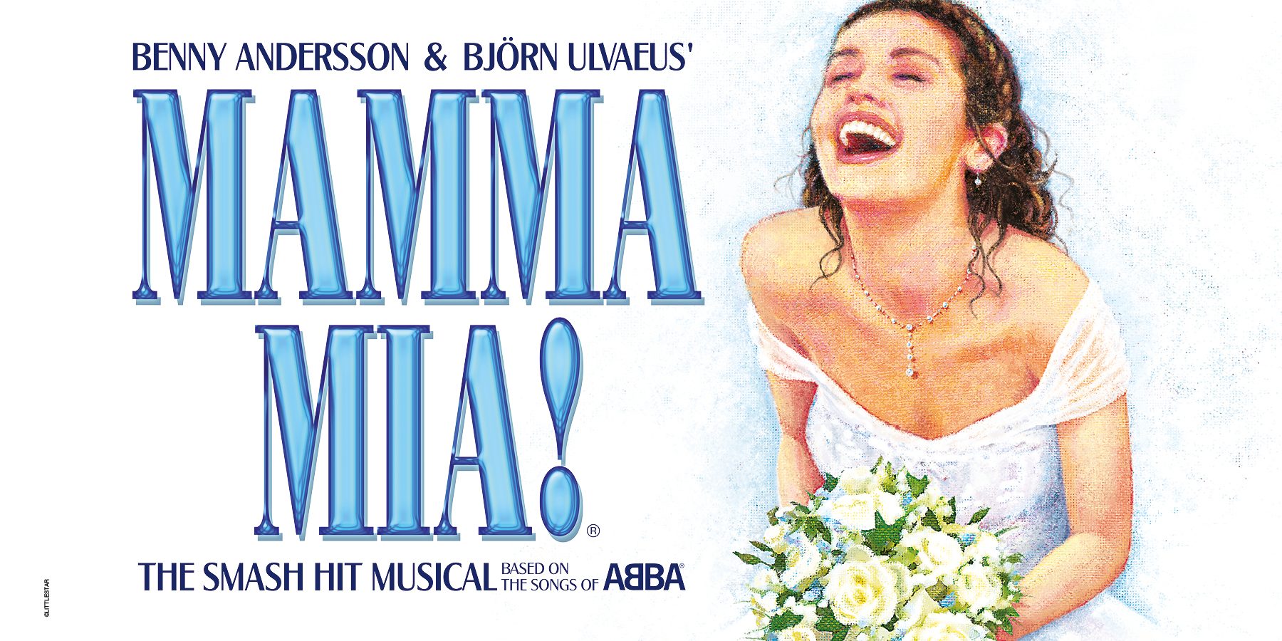 MAMMA MIA artwork. A young woman laughing in a wedding dress holding some flowers. The atmosphere is joyful.