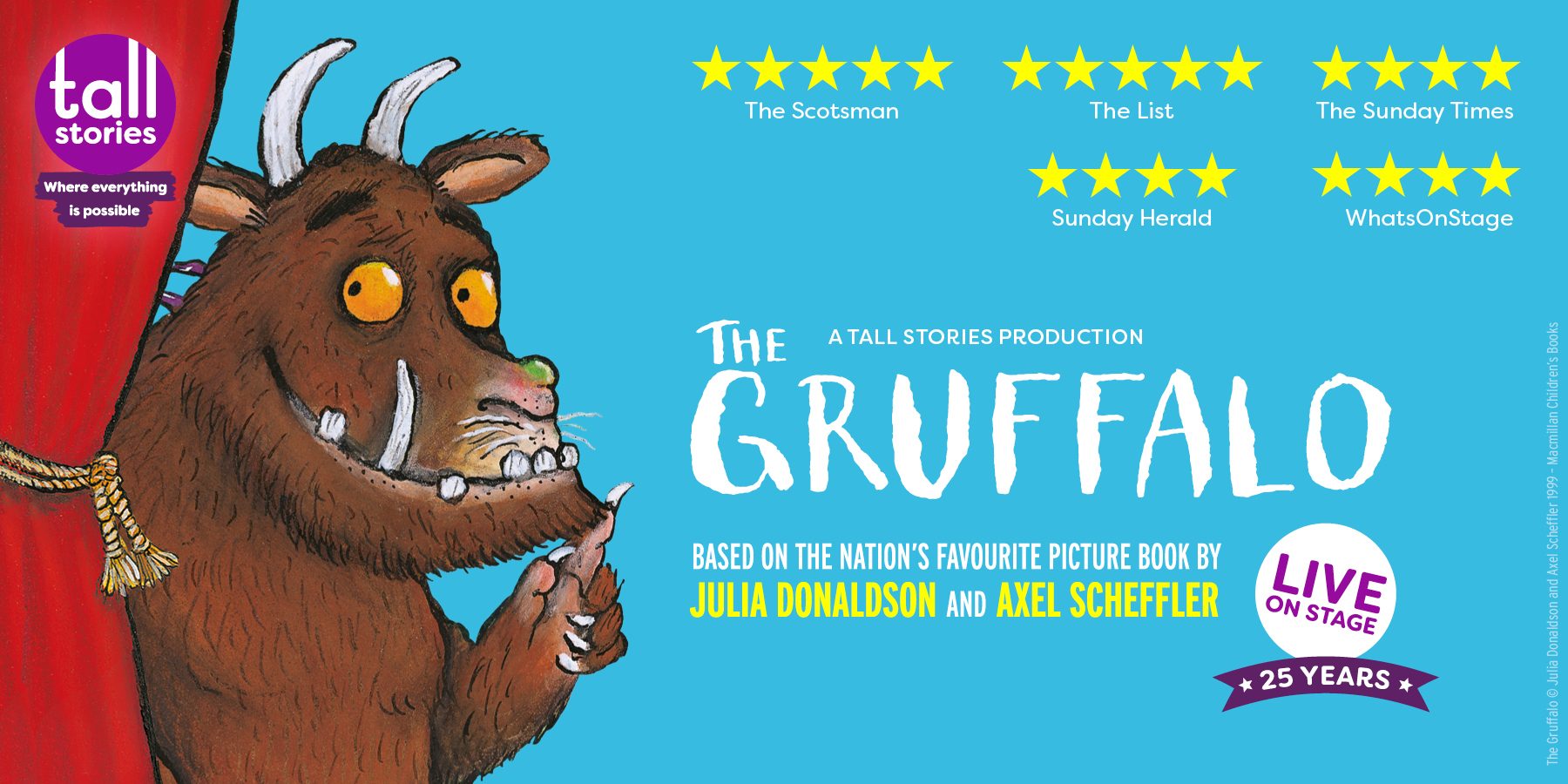 gruffalo behind a curtain with confetti